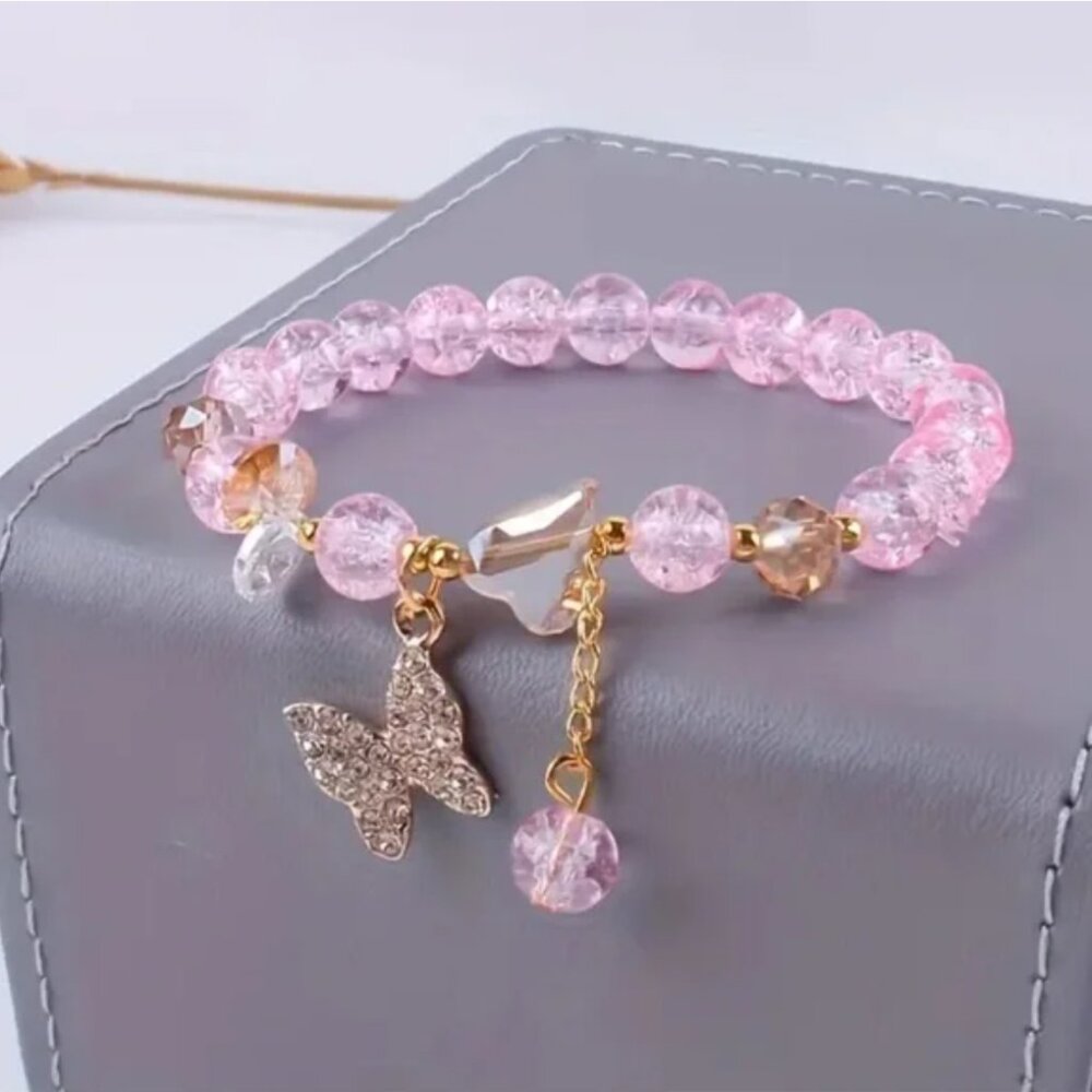 Rhinestone Butterfly Beaded Butterfly Charm Bracelet